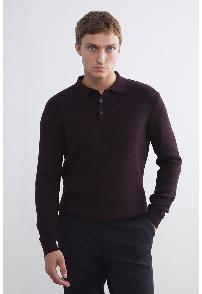 Pulover polo cu fenta cu nasturi - Verde sparanghel