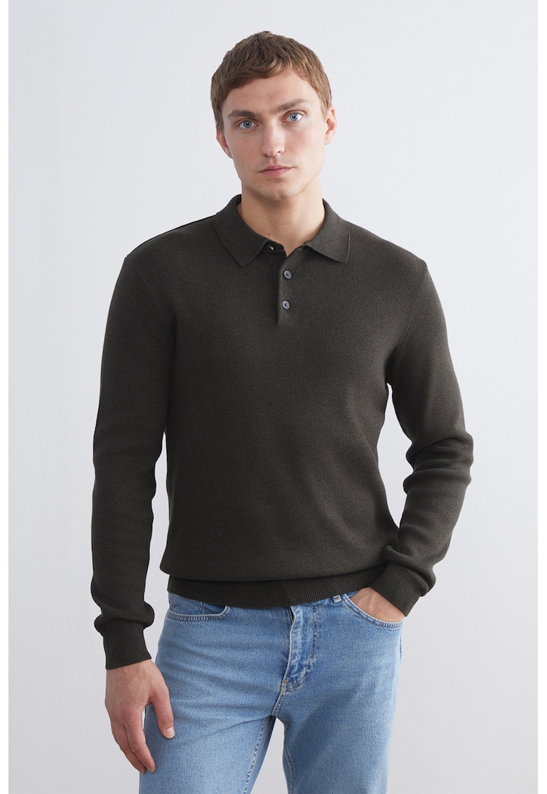 Pulover polo cu fenta cu nasturi - Rosu inchis