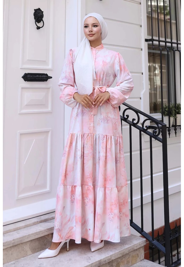 Rochie Maxi guler rotund - banda in talie - roz pudrat - textil