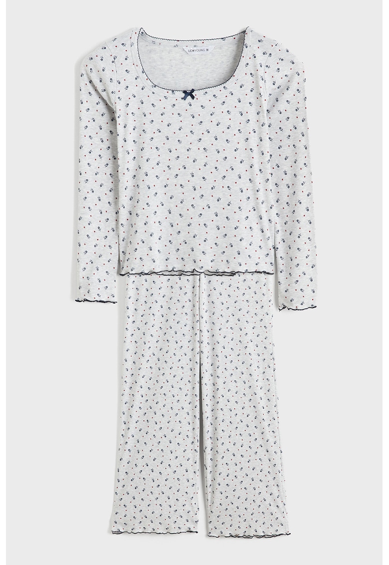 Pijama lunga cu model floral - Gri deschis/Albastru