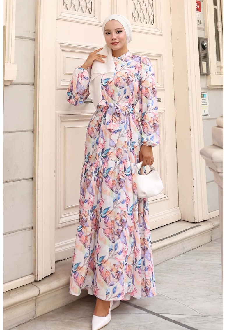 Rochie Maxi - guler rotund - banda in talie - roz pal - textil