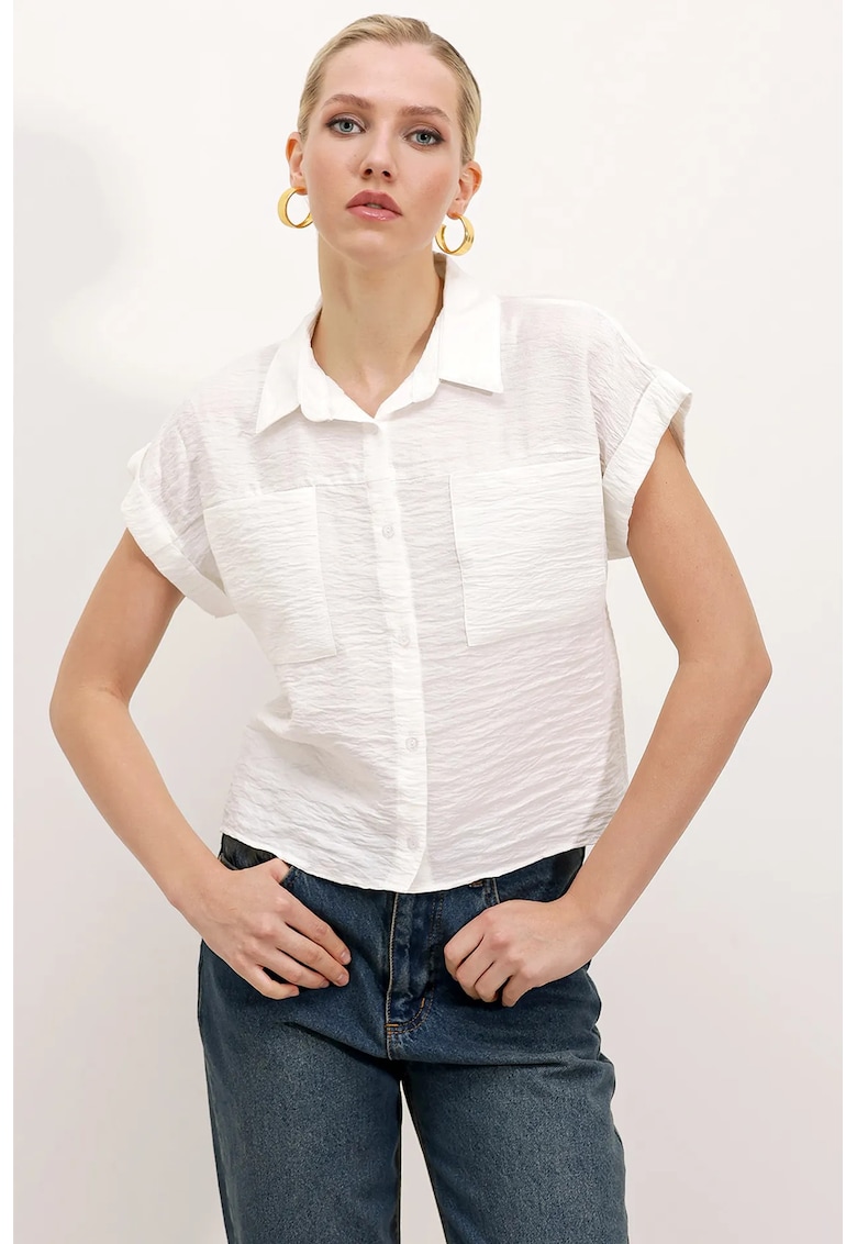 Camasa dama - camasa crop texturata cu buzunare - alb - textil