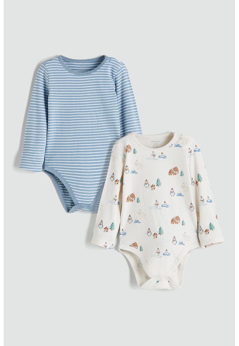 Set de body-uri cu model - 2 piese - Alb/Albastru prafuit