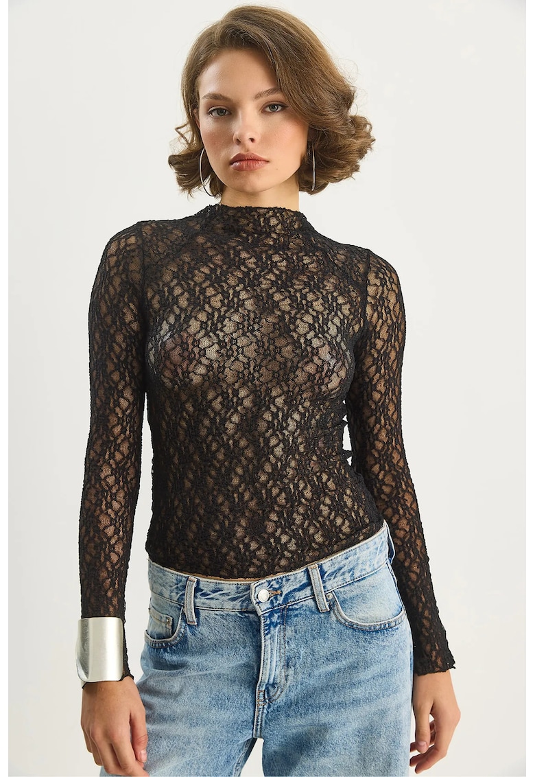 Bluze dama - bluza cu jumatate de guler - dantela - negru - jerseu