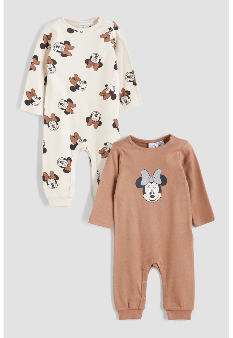 Set de salopeta lunga de bumbac cu imprimeu Minnie Mouse - 2 piese - Alb/Maro deschis/Negru