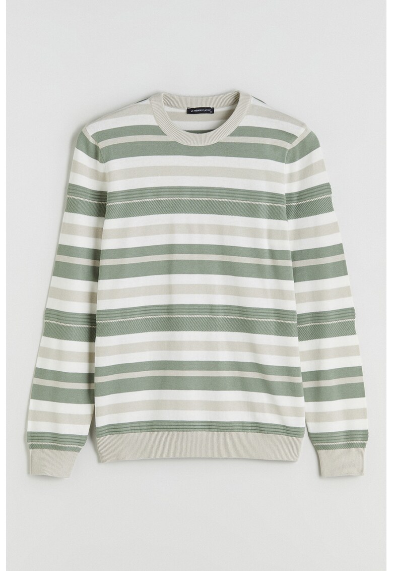 Pulover cu decolteu la baza gatului si dungi - Alb/Verde sparanghel