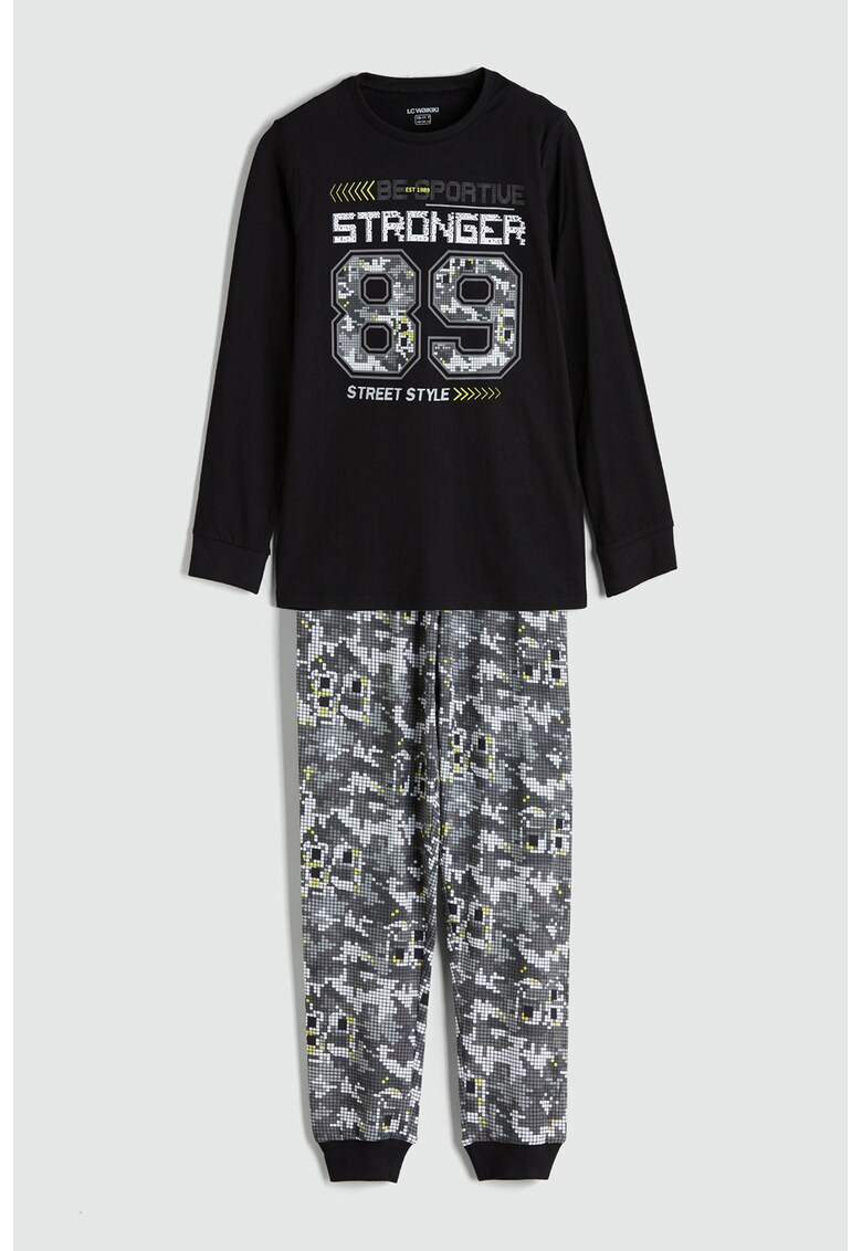 Pijama de bumbac cu imprimeu - Alb/Negru/Gri inchis