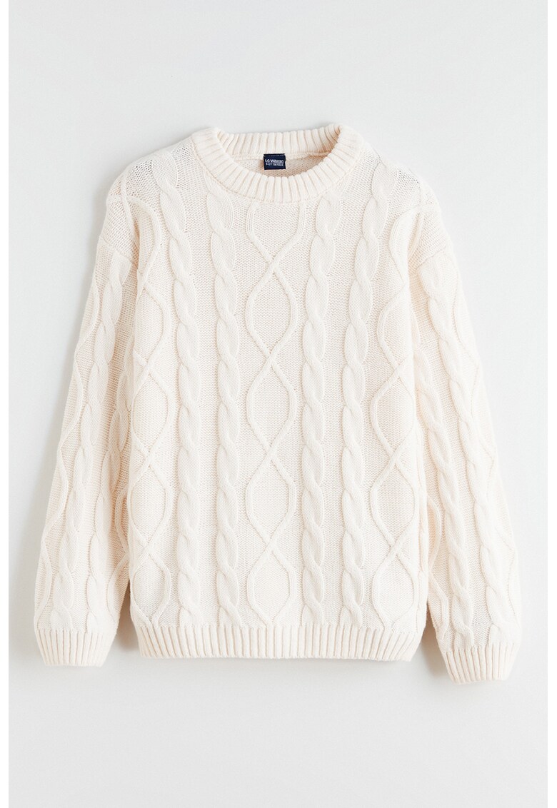 Pulover cu decolteu la baza gatului si model cu torsade - Crem