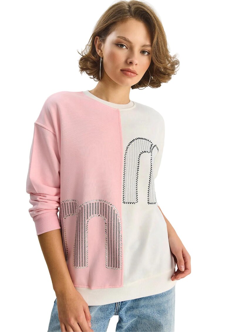 Hanorac dama supradimensionat cu imprimeu - bej natural roz - textil