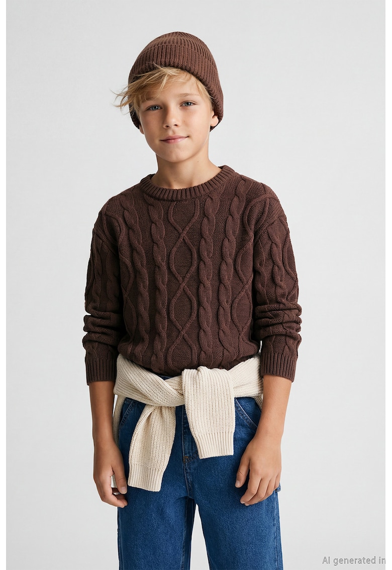 Pulover cu decolteu la baza gatului si model cu torsade - Maro inchis