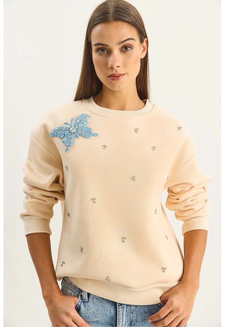 Hanorac dama - broderie la gat - maneci lungi - bej natural - textil