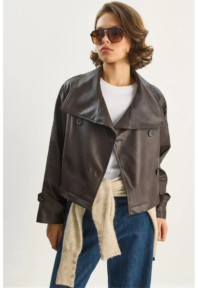 Geaca dama - jacheta supradimensionata - imitatie de piele - maro mocha inchis - textil