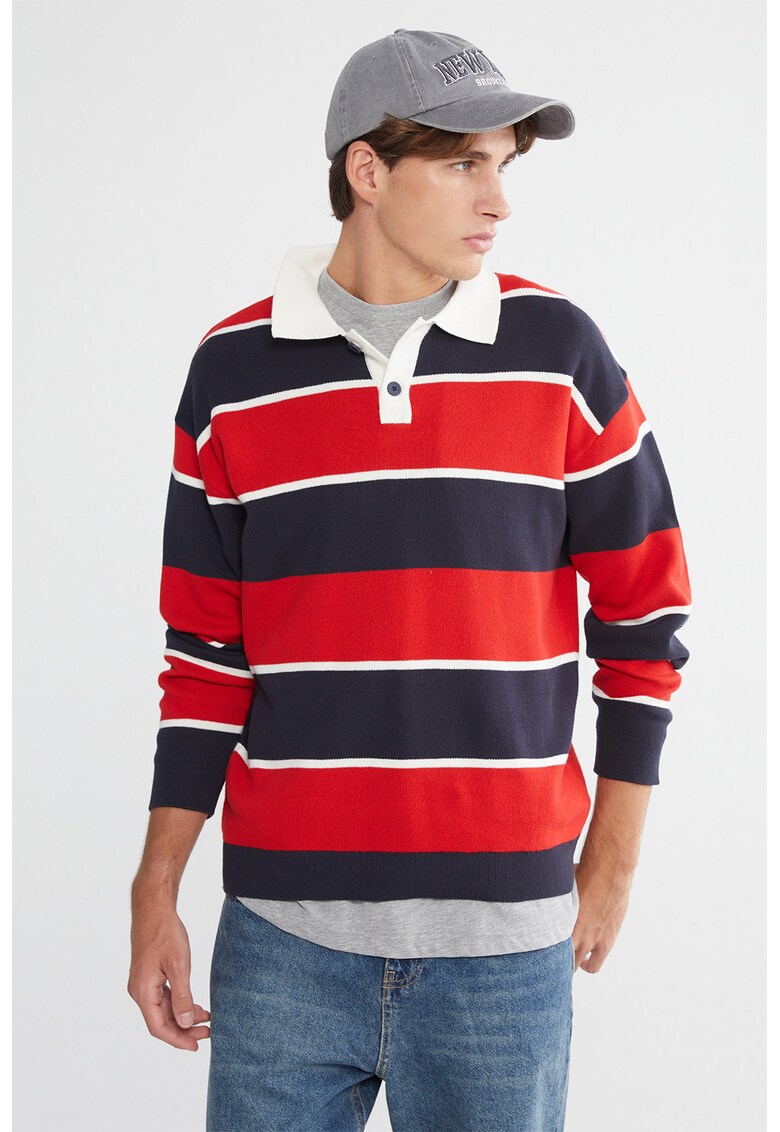 Pulover polo cu dungi - Rosu/Alb/Bleumarin