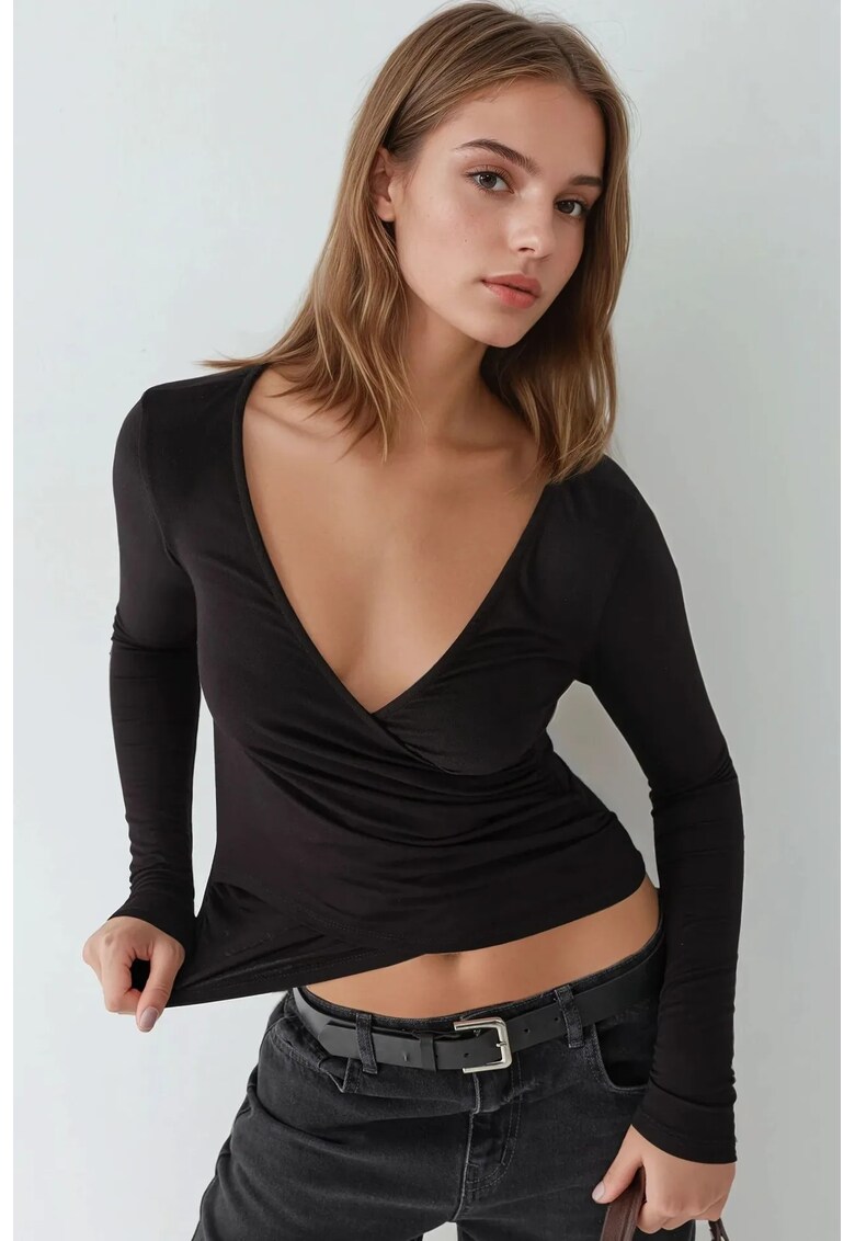 dama - top cu maneca lunga - decolteu in V - negru - jerseu - Negru