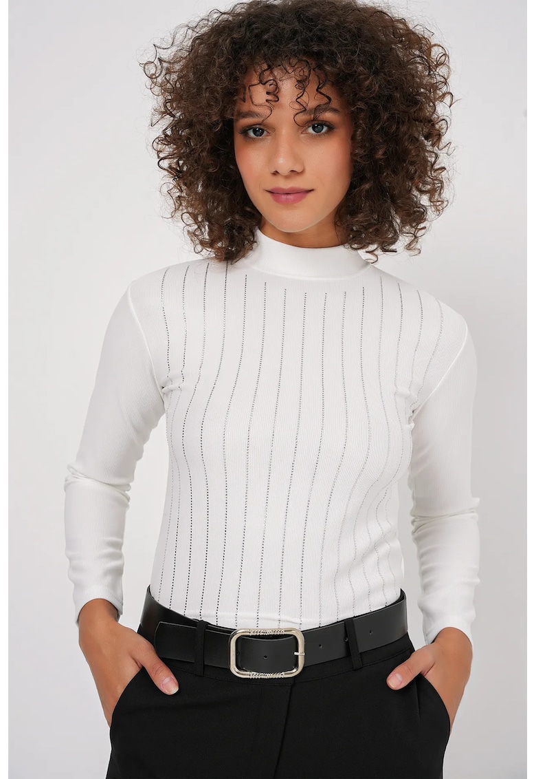 Bluza dama - cu dungi - detalii cu pietre - alb - jerseu