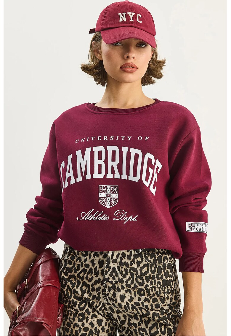 Hanorac dama guler rotund - nervuri imprimate - rosu cires - textil