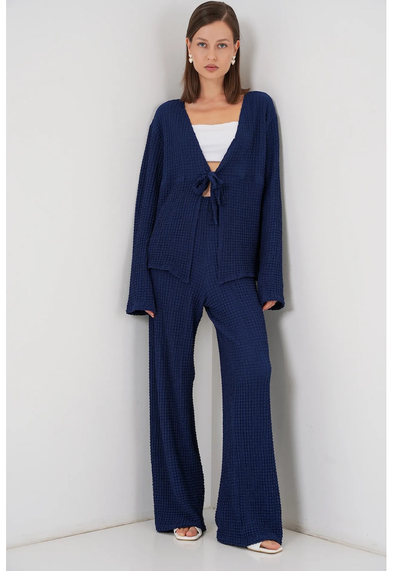 Compleu dama - set din doua piese - top cu maneca lunga - pantaloni evazati - albastru marin - jerseu