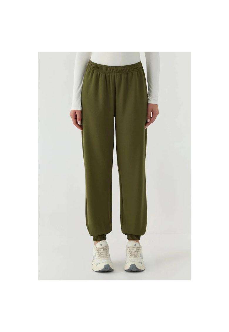 Pantaloni sport dama - jogger texturat - talie inalta - verde kaki - textil
