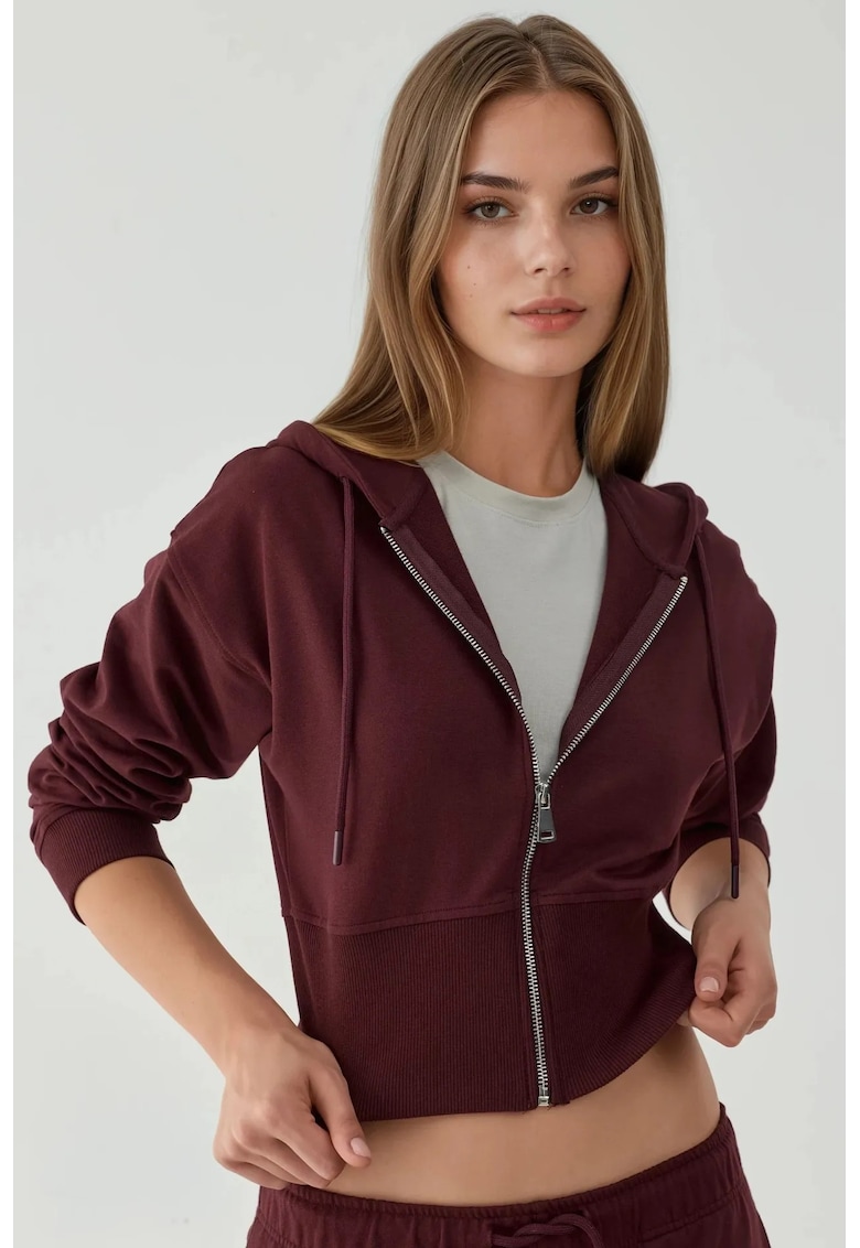 Hanorac scurt cu gluga si fermoar - mov purpuriu - material tricotat