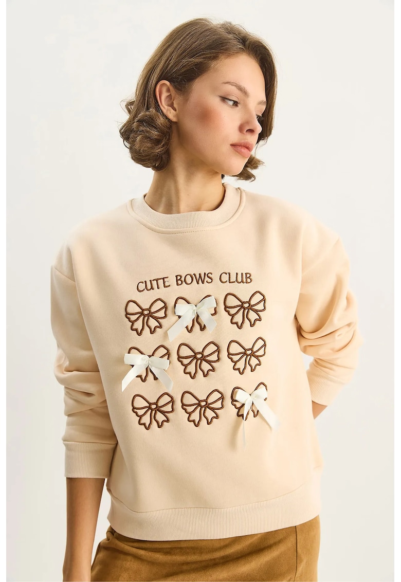 Hanorac dama - cu maneca lunga - imprimeu - bej natural - textil