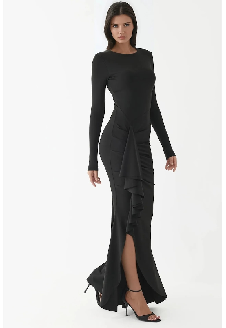 Rochie Maxi - cu Maneci Lungi - Volane - Negru - Textil