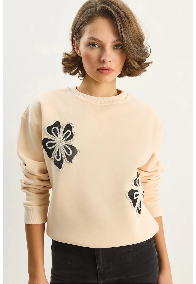 Hanorac dama - bumbac - guler rotund - bej natural