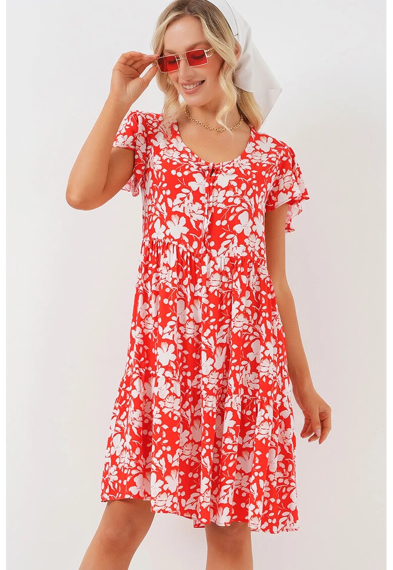 Rochie mini cu volane - decolteu in V - rosie - textil