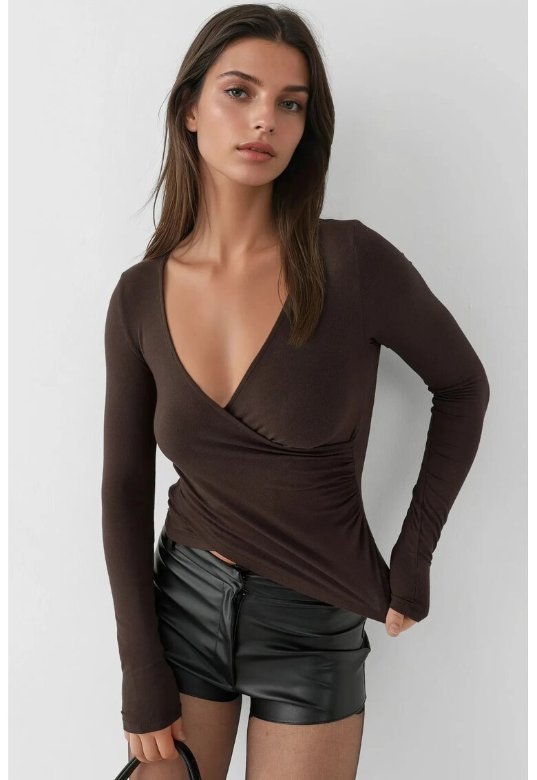 Bluza dama - top cu maneca lunga - decolteu in V - maro inchis - jerseu - Maro inchis