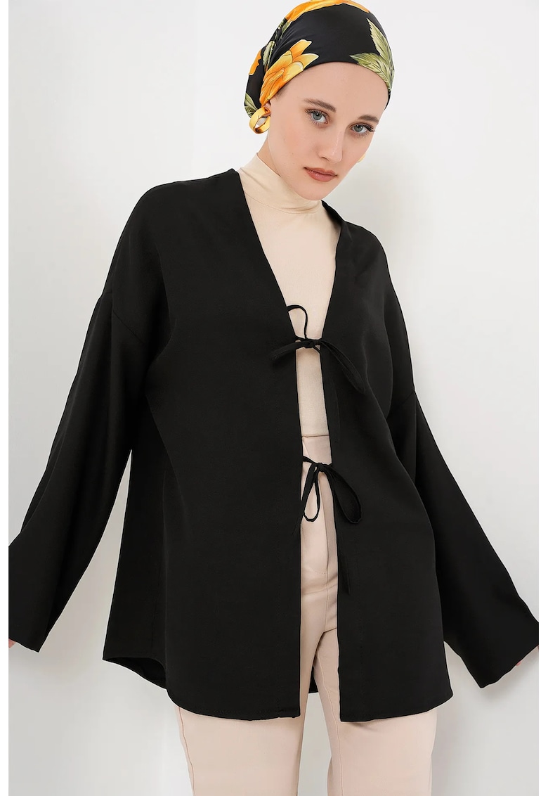 Kimono femei - negru - amestec de in - maneci lungi