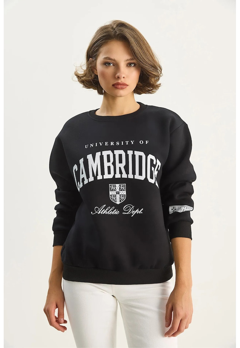 Hanorac dama - cu guler la baza gatului - imprimeu - negru - textil