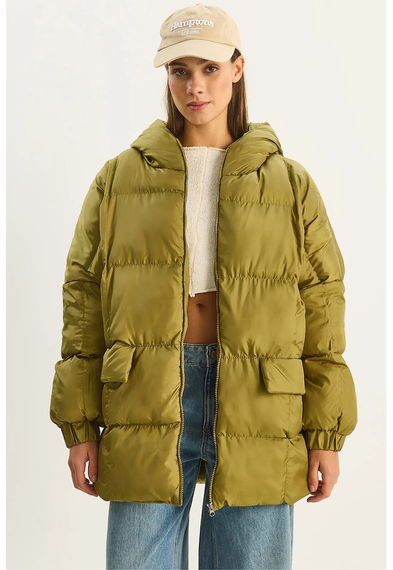 Geaca Puffer groasa supradimensionata cu gluga verde - textil -
