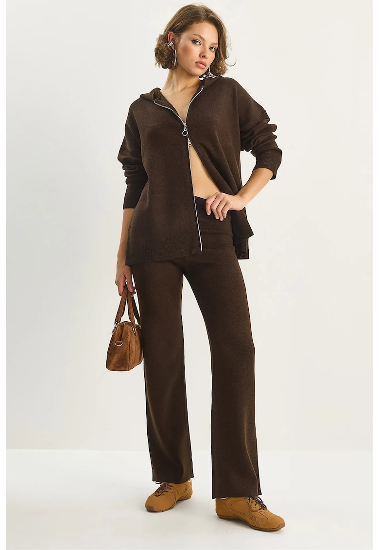 Set cardigan si pantaloni talie inalta - maro mocha inchis - tricot -