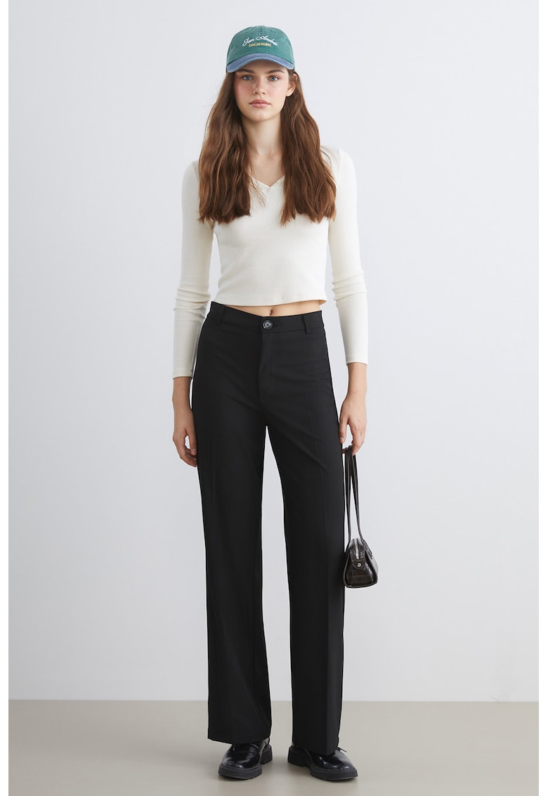 Pantaloni drepti uni cu talie medie - Negru