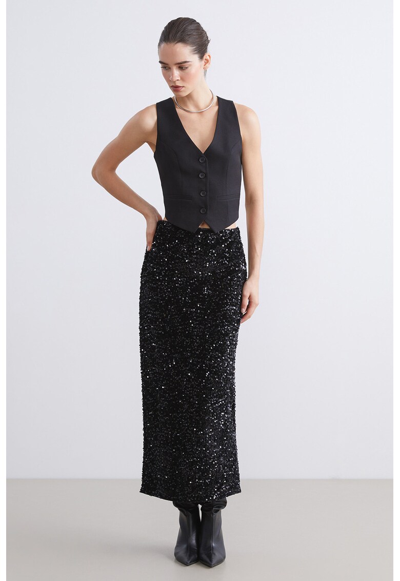 Fusta midi cu paiete - Negru
