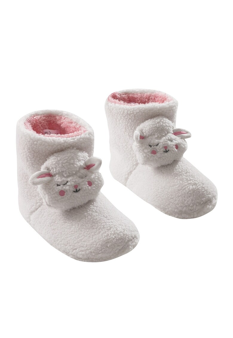 Cizme de casa din material teddy - Alb/Roz