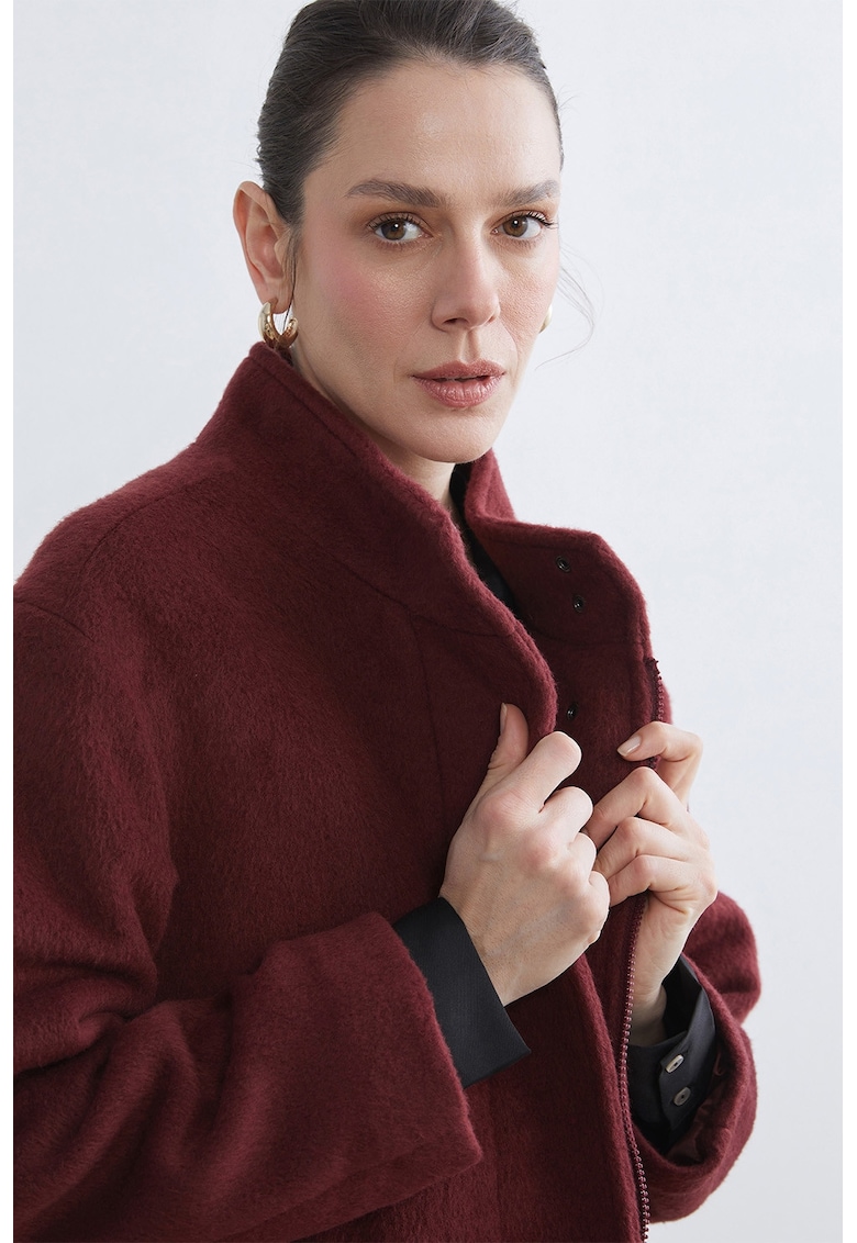 Palton din amestec de lana cu guler mediu - Rosu inchis