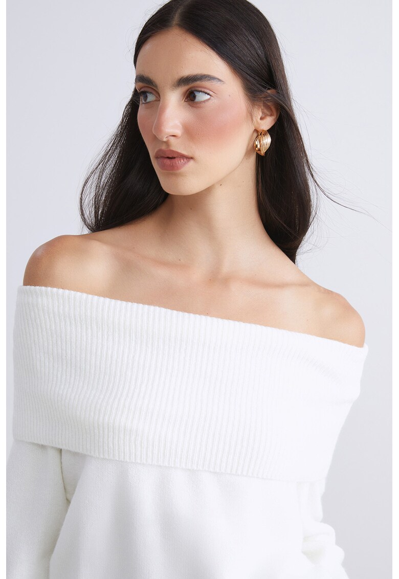Pulover uni cu decolteu pe umeri - Alb