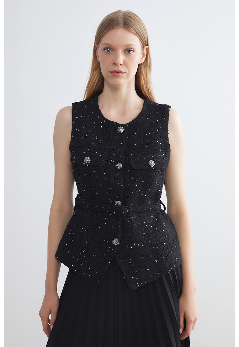 Sacou din tuis fara maneci cu o curea in talie - Negru/Argintiu