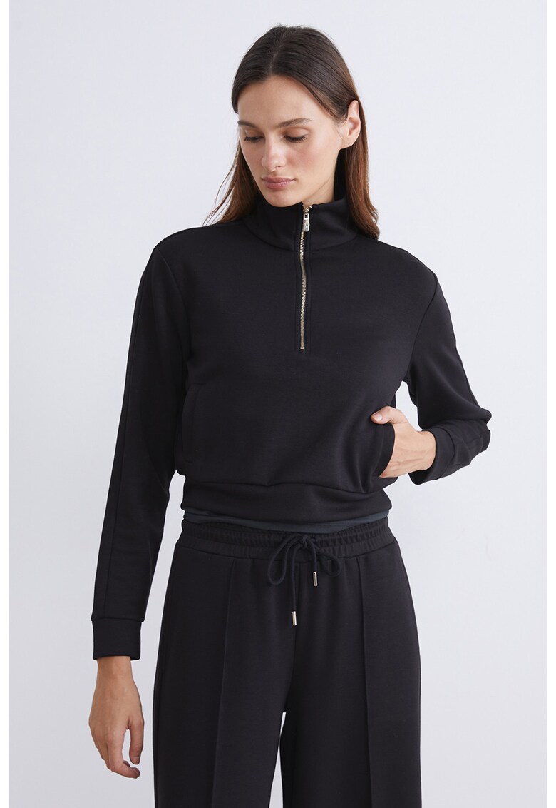 Bluza crop de trening cu fenta scurta cu fermoar - Negru
