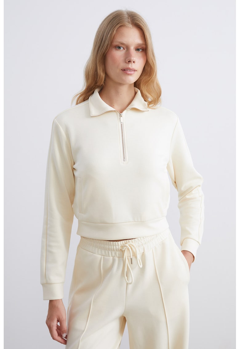 Bluza crop de trening cu fenta scurta cu fermoar - Alb fildes