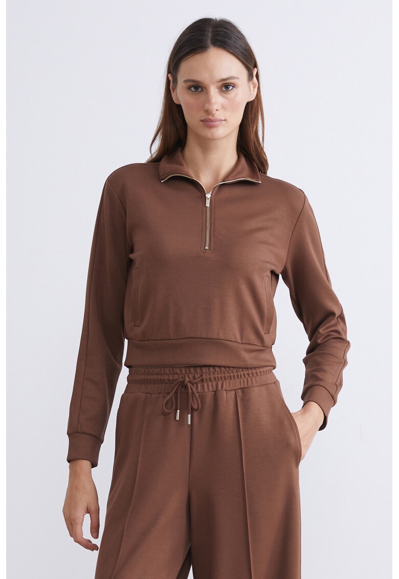 Bluza crop de trening cu fenta scurta cu fermoar - Maro scortisoara