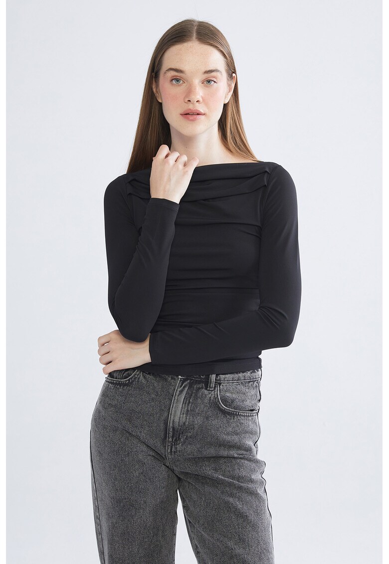 Bluza slim fit cu detalii cu fronseuri - Negru