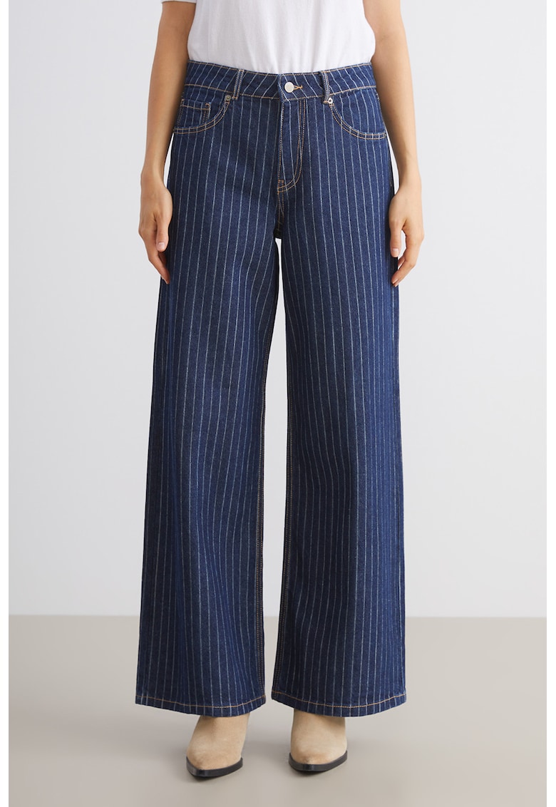 Blugi cu dungi si croiala ampla - Albastru inchis/Bej