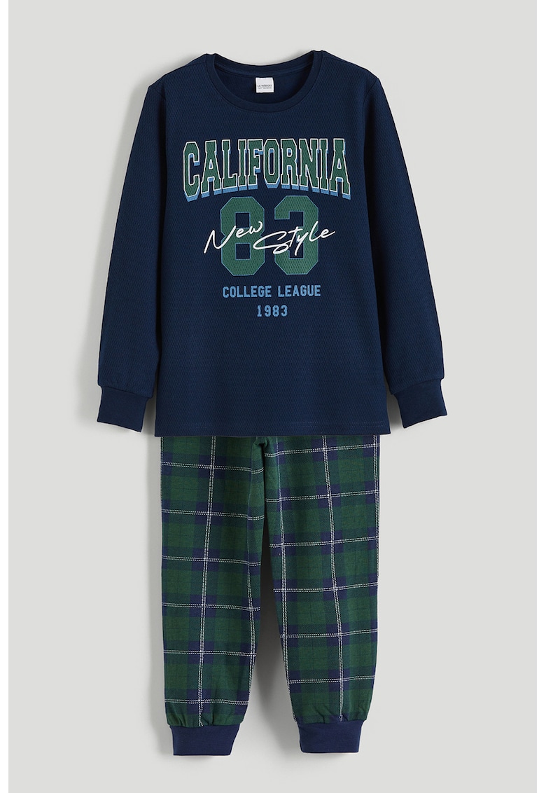 Pijama in carouri cu pantaloni lungi - Alb/Verde englez/Bleumarin