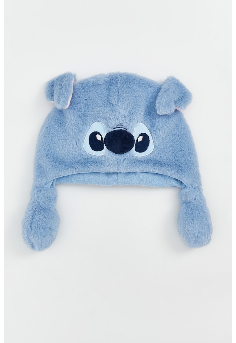 Caciula pufoasa cu urechi si imprimeu Stitch - Negru/Albastru prafuit