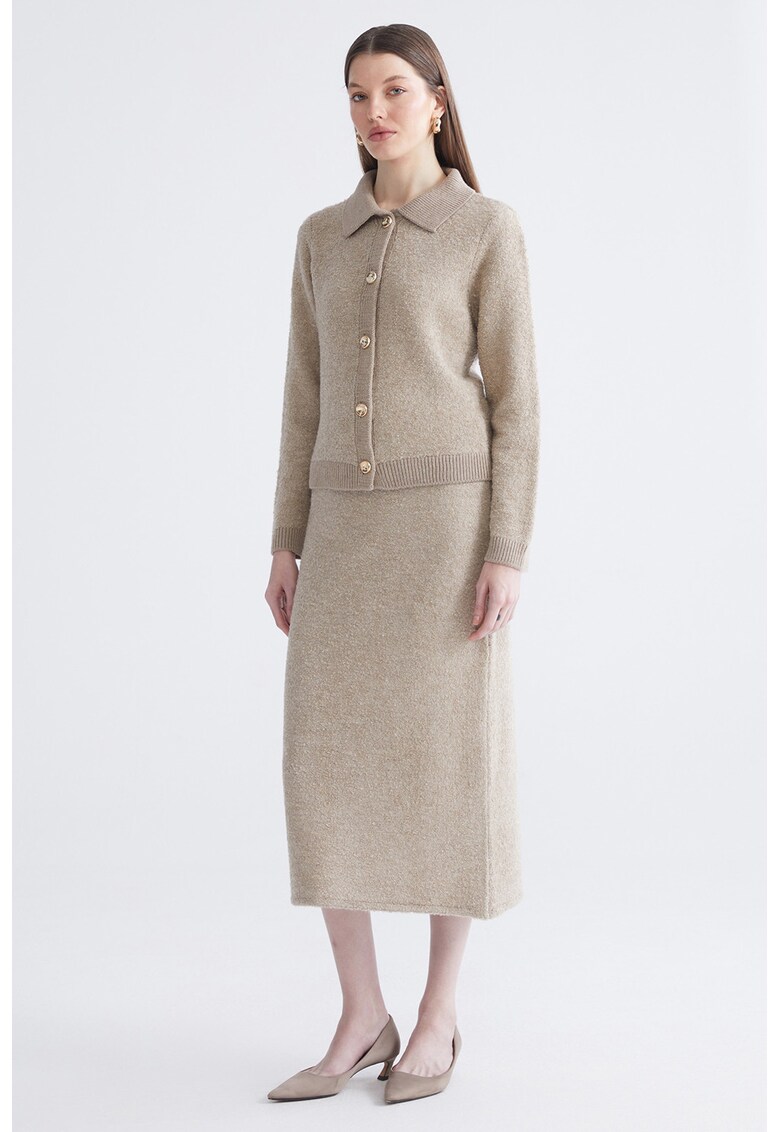 Fusta midi dreapta cu talie elastica - Maro deschis melange