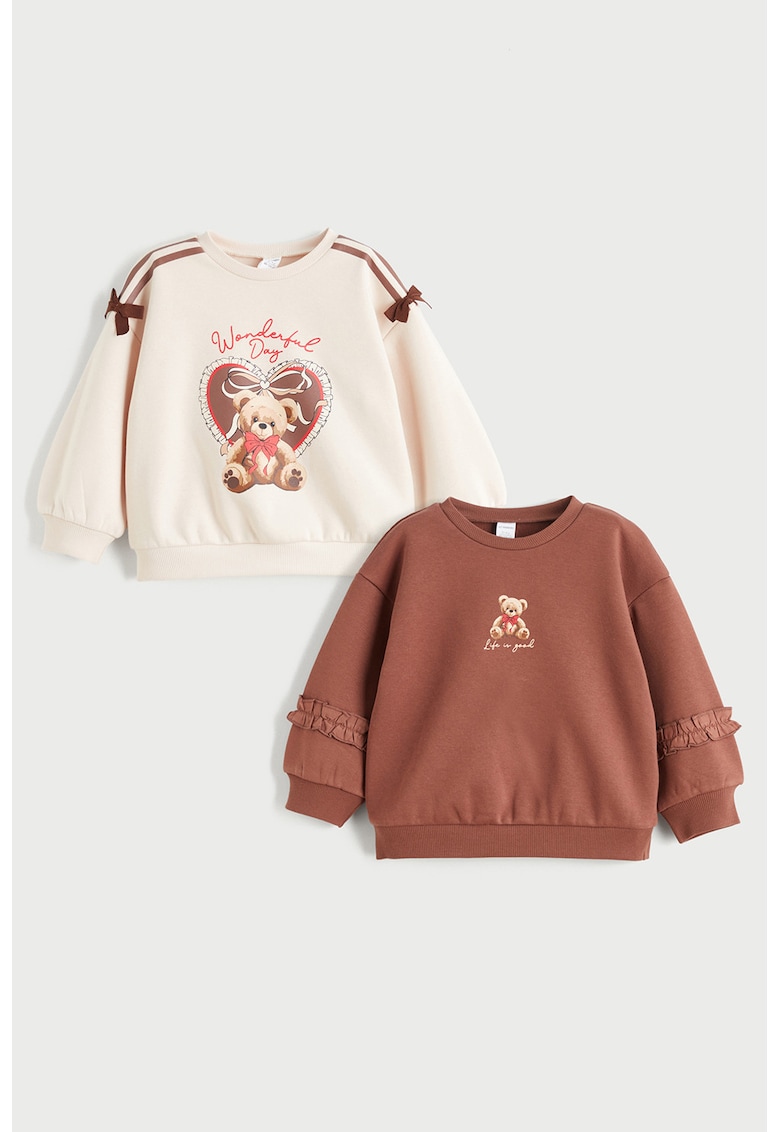 Set de bluze de trening cu volane si funde -2 piese - Alb fildes/Maro scortisoara