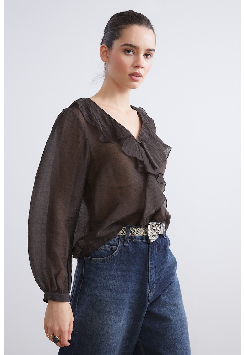 Bluza semitransparenta din amestec de lyocell cu decolteu cu volane - Maro inchis