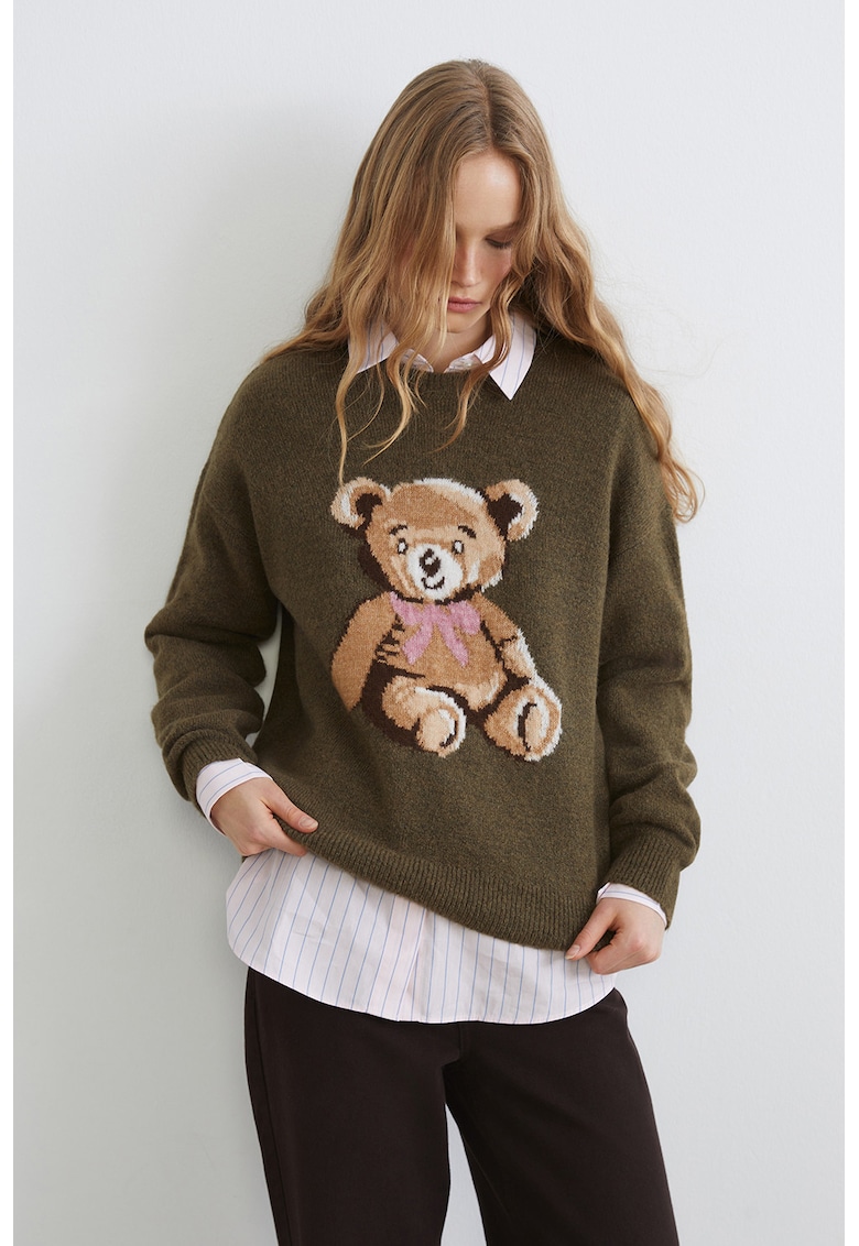 Pulover lejer cu imprimeu urs - Roz pastel/Maro deschis/Kaki inchis