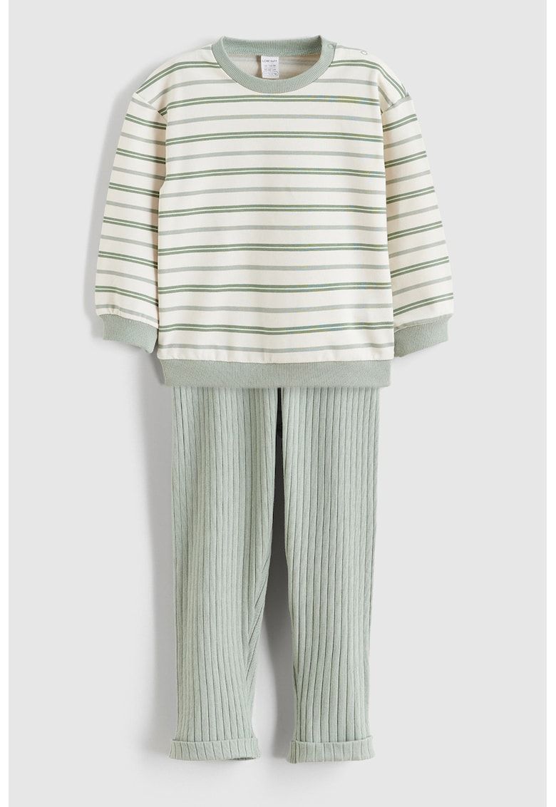 Set de bluza cu dungi si pantaloni striati - 2 piese - Alb fildes/Verde feriga/Verde sparanghel